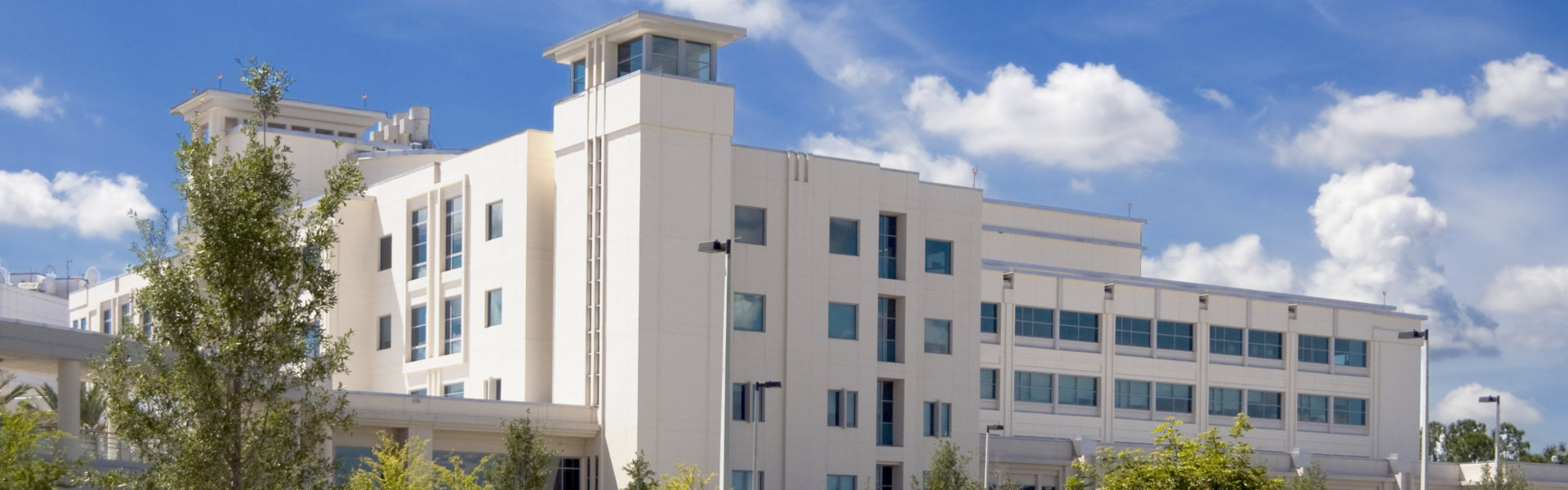 Front entrance to a hospital with palm tree landscaping and blue sky
